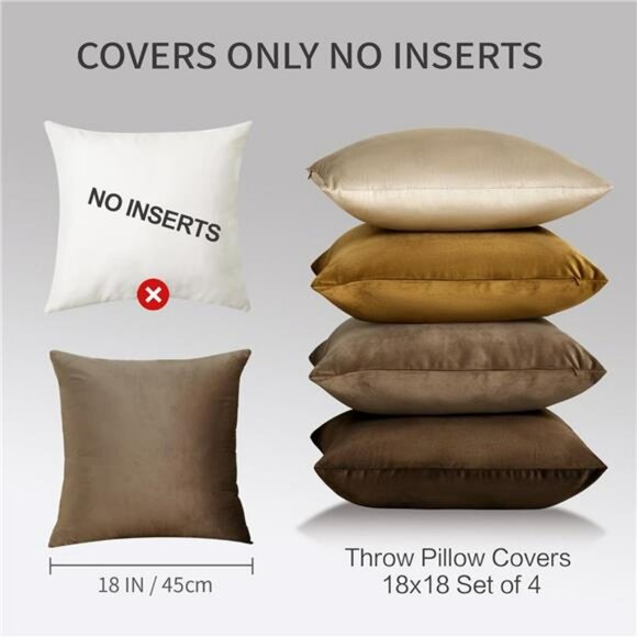 Velvet Throw Pillow Covers 18x18 Set of 4 Brown Decorative Cushion Cases for Sof - Picture 2 of 7